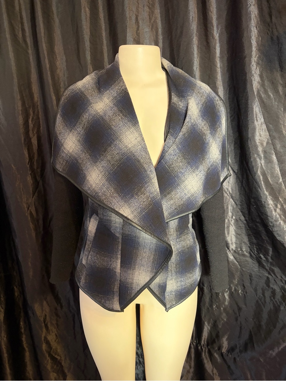 Boy Meets Girl Blue Plaid Draped Open-Front Blazer